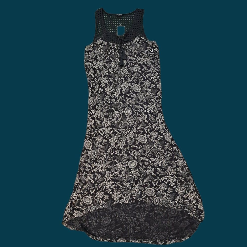 Lucky Brand Women's Black Eyelet Knit Dress Vacation Travel Sleeveless Sz S